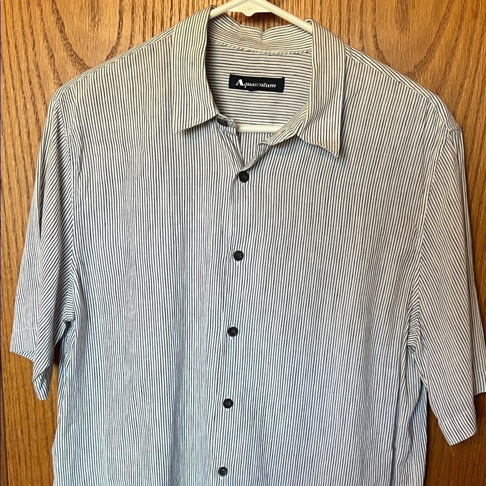AQUASCUTUM Linen Cotton Button Down Shirt Mens Large Blue White Micro Stripes - Picture 3 of 16
